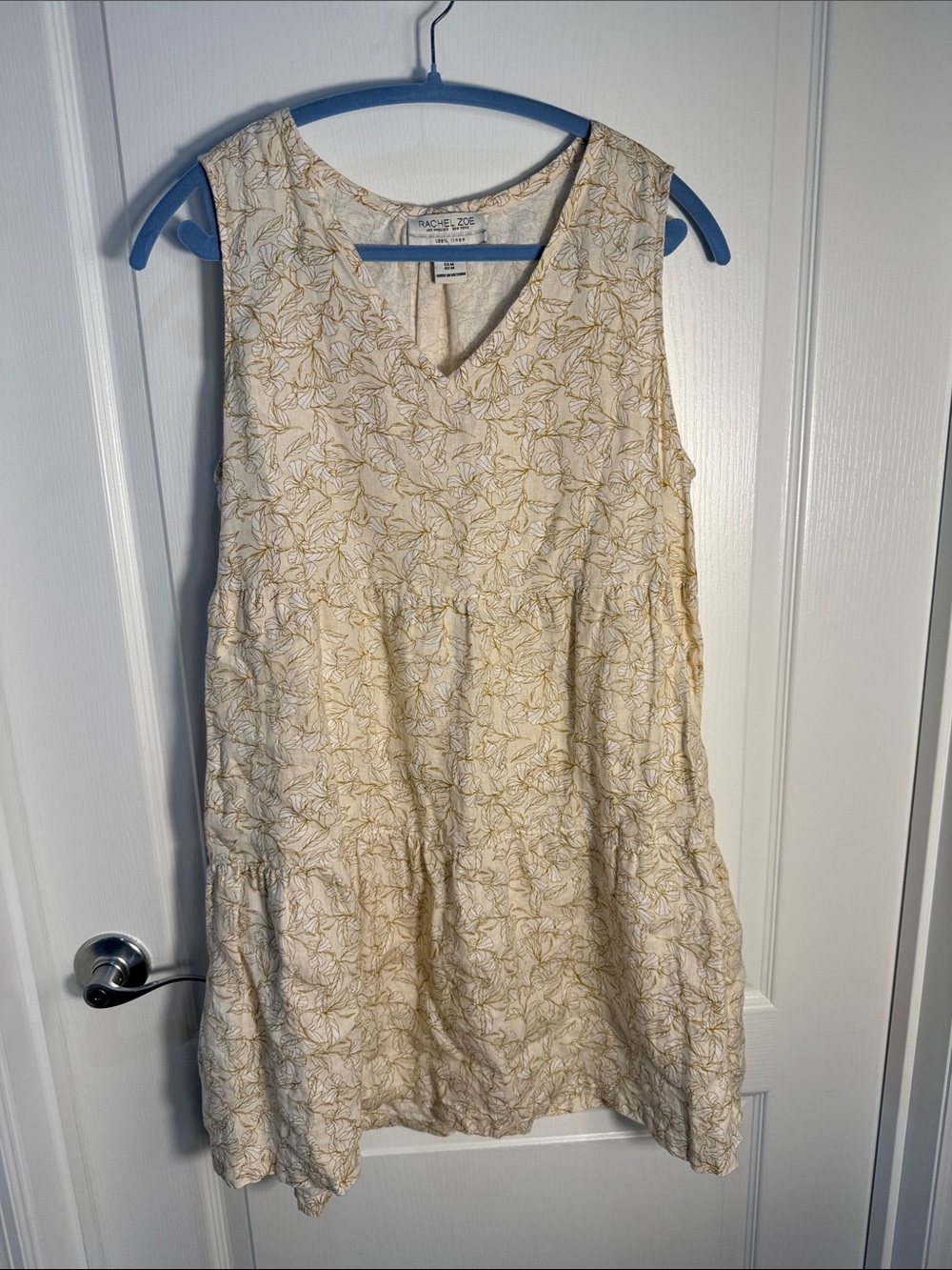 Rachel Zoe Cream Floral V-Neck Mini Dress 100% Linen Size M